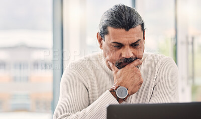 Buy stock photo Thinking, laptop and man for work from home, retirement plan and asset management or financial decision. Finance, debt review and senior person with ideas, solution or stress for pension on computer