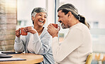 Coffee, laughing or senior couple in cafe to relax together bonding, speaking or talking in conversation. Smile, retirement or happy mature man or funny elderly woman drinking tea or espresso on date