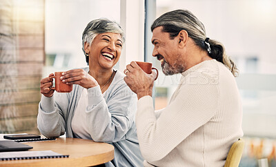 Buy stock photo Coffee, laughing or senior couple in cafe to relax together bonding, speaking or talking in conversation. Smile, retirement or happy mature man or funny elderly woman drinking tea or espresso on date