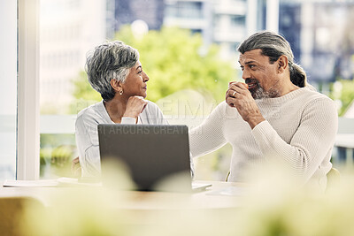 Buy stock photo Home, talking and senior couple with laptop, smile and internet connection with quality time, happy and network. Conversation, old man and mature woman with a pc, website information and discussion 