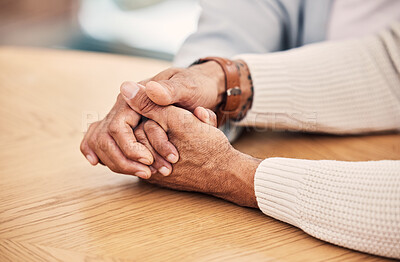 Buy stock photo Senior, love and couple holding hands in support or help of health crisis, cancer or mental health problem. Old people, empathy and solidarity in depression, anxiety or trust, hope or sorry comfort