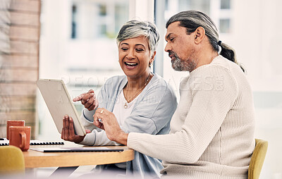 Buy stock photo News, tablet or senior couple on social media reading information on internet or website in retirement. Mature, woman or elderly man bonding, typing or talking together in restaurant or coffee shop