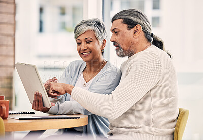 Buy stock photo Happy, tablet or mature couple on social media reading news or information on tablet in retirement. Web, senior woman or elderly man bonding, typing or talking together in restaurant or coffee shop