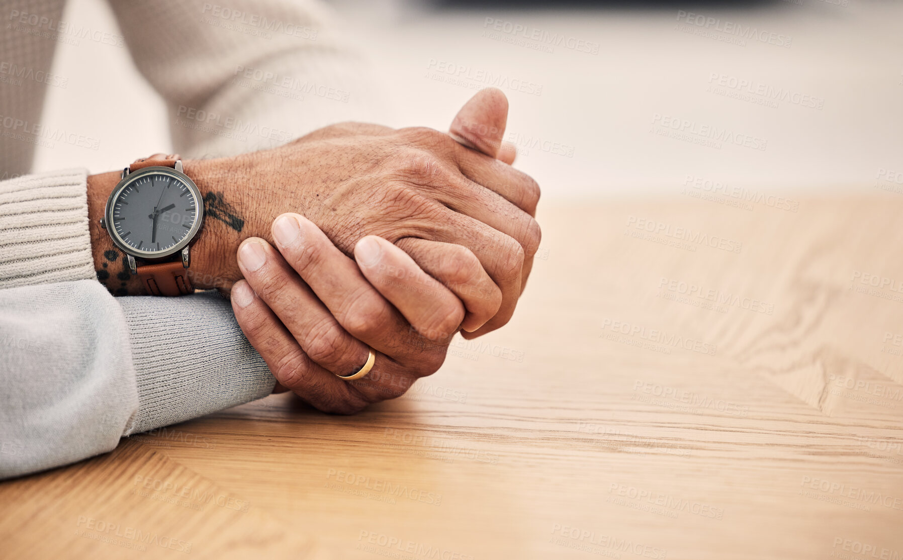 Buy stock photo Holding hands, people and empathy with support and love, couple with help and care, therapy and communication. Relationship, trust and solidarity, marriage and gratitude with commitment and loyalty