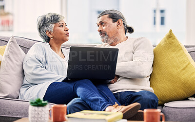 Buy stock photo Laptop, planning and senior couple on a sofa for streaming, sign up or subscription discussion in their home. Retirement, relax and old people on online in a living room for internet, movie or search 
