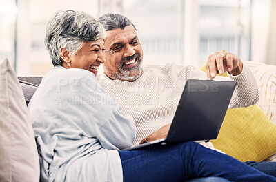 Buy stock photo Senior, laptop or happy couple streaming comedy videos on tablet in retirement at home together. Love, old woman or elderly man bonding, watching or laughing at a funny movie or film in living room