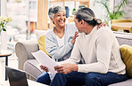 Financial, senior or happy couple laughing with documents in home for retirement savings or pension planning. Profit growth, investment growth or mature man with funny woman for house budget together