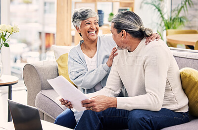 Buy stock photo Financial, senior or happy couple laughing with documents in home for retirement savings or pension planning. Profit growth, investment growth or mature man with funny woman for house budget together