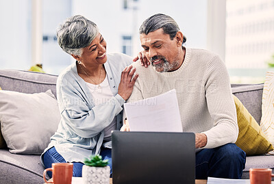 Buy stock photo Retirement, planning and couple with documents, laptop and finance, taxes or investment goals on sofa at home. Talking, happy and senior people with life insurance and asset management on computer