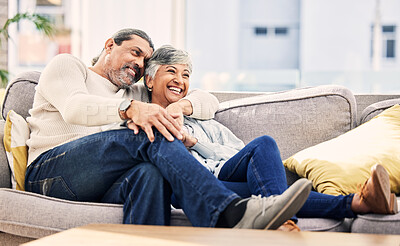 Buy stock photo Home, happy and senior couple on a couch, love or relax with happiness, marriage or watching tv. Romantic, old woman or mature man on a sofa, relationship or smile with quality time and retirement