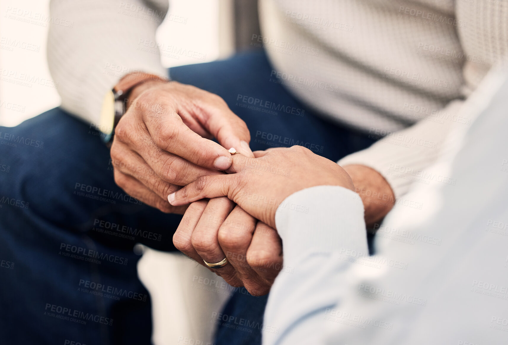 Buy stock photo Love, hands and senior couple with wedding ring for proposal, romance and solidarity. Marriage, band and old people together for reconciliation, commitment and forever, promise and unity with trust