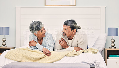 Buy stock photo Talking, morning or old couple in bedroom to relax, enjoy holiday or vacation together at home. Conversation, senior woman or elderly man speaking or bonding with love, trust or support in retirement