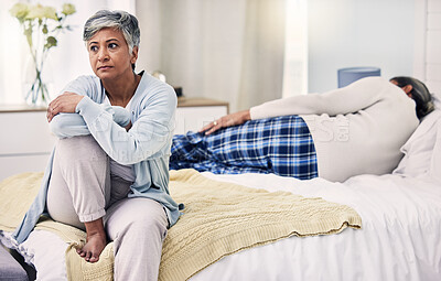 Buy stock photo Senior woman, divorce and sad in bedroom with depression or frustrated in marriage with infidelity. Fight, anxiety and elderly woman with problem in home or bed with problem and stress or angry.