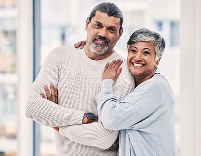 Buy stock photo Portrait, smile and senior couple with arms crossed in house to relax in retirement home together. Face, happy and elderly man and woman with confidence, love and care, trust and support for loyalty