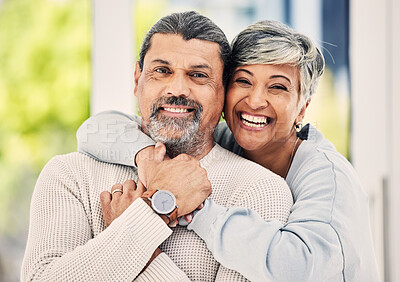 Buy stock photo Senior couple, hug with love and portrait, comfort and happiness, bonding at home. Retirement, relax and face of man with woman, marriage and life partner at house, trust and care with relationship