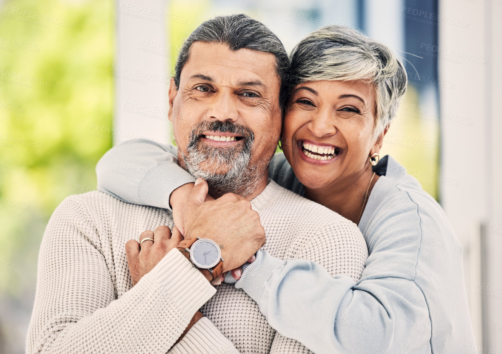 Buy stock photo Senior couple, hug with love and portrait, comfort and happiness, bonding at home. Retirement, relax and face of man with woman, marriage and life partner at house, trust and care with relationship