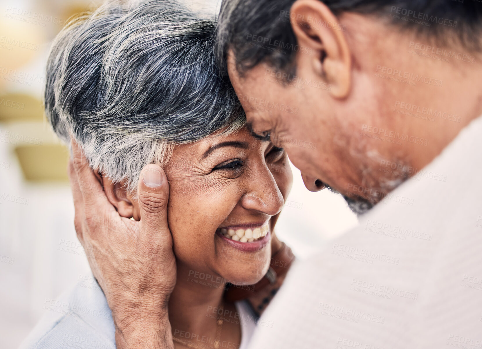 Buy stock photo Laughing, forehead or happy old couple in living room with love, care or joy bonding together on holiday. Eye contact, elderly man or senior woman in celebration for romance in retirement at home