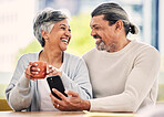 Senior couple, smartphone and coffee for laugh, comic meme or funny video on web, blog or internet in morning. Mature man, woman and cellphone for social network app, online comedy or bonding in home