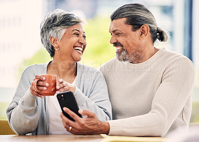 Buy stock photo Senior couple, smartphone and coffee for laugh, comic meme or funny video on web, blog or internet in morning. Mature man, woman and cellphone for social network app, online comedy or bonding in home