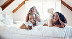 Funny, family portrait and watching tv in bedroom, bonding and sunshine with lens flare. Face, television and children with father, mother and happy parents relax in home, streaming movie and laugh.