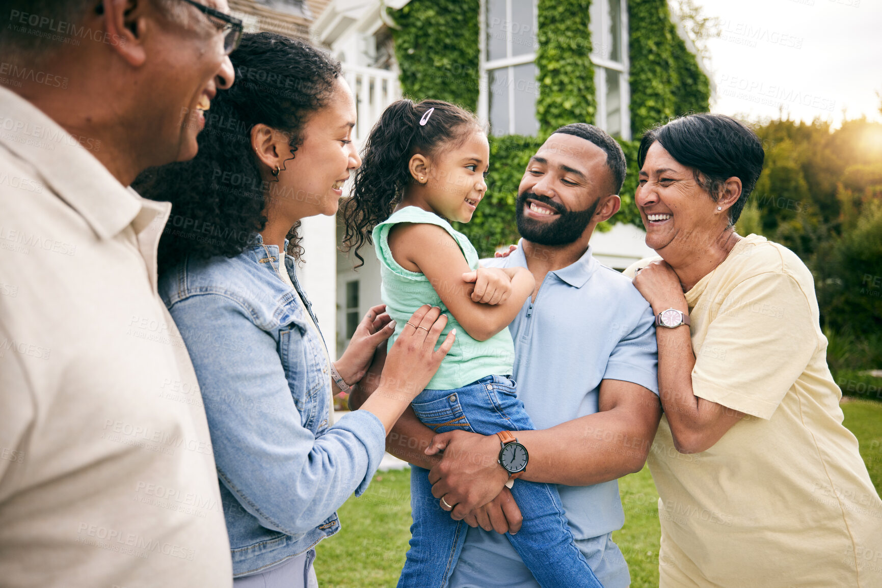 Buy stock photo Family, grandparents and parents with child outdoor, happiness and bonding at holiday home. Love, care and smile, men and women with young girl on lawn of house, summer vacation and relax in garden