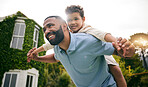 Plane, relax and happy with father and son in garden for playful, bonding and love. Happiness, relax and smile with man and child playing in backyard of family home for free time, care and laughing