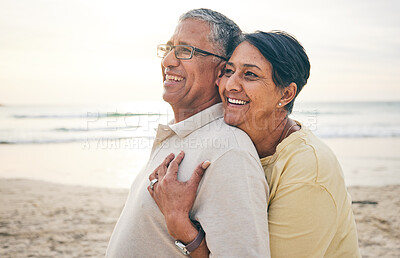 Buy stock photo Love, hug and senior couple at beach happy, relax and bond in nature together. Ocean, embrace and old people hugging at the sea for travel, vacation and enjoy retirement with holiday, freedom or trip