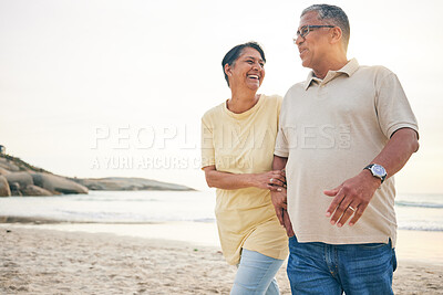 Buy stock photo Smile, walking and senior couple at the beach happy, relax and bond in nature together. Love, embrace and old people at the sea for travel, vacation and enjoy retirement with holiday, freedom or walk