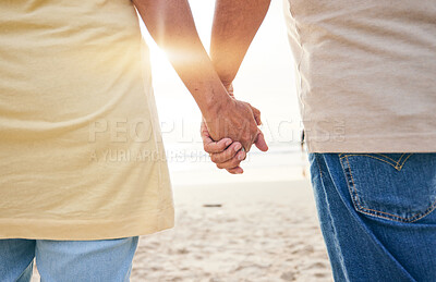 Buy stock photo Senior, love and couple holding hands at the beach in support or help of health crisis, cancer or mental health problem. Old people, empathy and solidarity in depression, anxiety or trust or comfort
