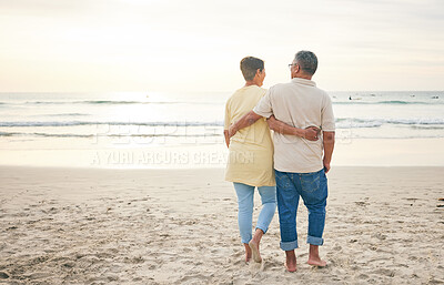 Buy stock photo Senior couple hug, back and beach, ocean and travel with bonding and love, trust and marriage outdoor. Adventure, tropical holiday and waves, man and woman with loyalty and life partner in nature