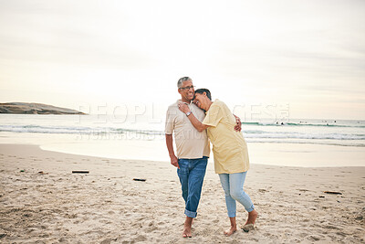 Buy stock photo Senior couple hug, laughing and beach, ocean and travel with bonding and love, trust and marriage outdoor. Adventure, holiday and happiness, man and woman with comedy and life partner in nature