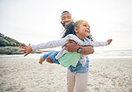 Love, airplane and father with girl child at the beach with freedom, smile and bonding in nature together. Happy, flying and parent with kid at the sea for fun, games and freedom, holiday or trip