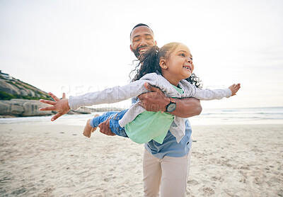 Buy stock photo Love, airplane and father with girl child at the beach with freedom, smile and bonding in nature together. Happy, flying and parent with kid at the sea for fun, games and travel, holiday or trip