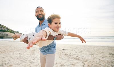 Buy stock photo Love, airplane and father with child at the beach with freedom, smile and bonding in nature together. Happy, flying and parent with boy kid at the sea for fun, games and freedom, holiday or trip