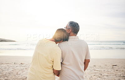 Buy stock photo Sunrise, love and senior couple by beach for bonding, quality time and relaxing in nature. Morning, retirement and back of elderly man and woman embrace on vacation, holiday and travel by ocean