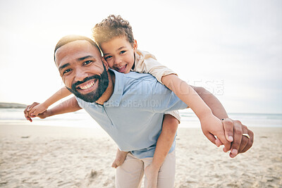 Buy stock photo Father, son and piggyback, beach and portrait with love and bonding, travel and ocean with holiday, fun and happiness. Playful, smile and trust, man and boy together with vacation and sea adventure