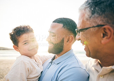 Buy stock photo Happy, portrait and family at the beach in the morning for walking, travel or holiday in Spain. Smile, sunshine and father, child and grandfather at the sea for a vacation, care and time at the ocean