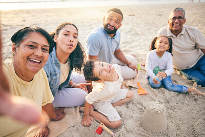 Buy stock photo Selfie, beach sand and family portrait with children and grandparents for holiday, Mexico vacation and games. Play, castle and happy grandmother photography of mom, dad and children outdoor by ocean