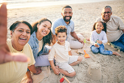Buy stock photo Family, beach selfie and children, grandparents and portrait in sand for holiday, Mexico vacation or games. Play, castle and happy grandmother in profile picture of mom, dad and kids outdoor by ocean