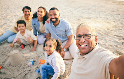 Buy stock photo Family, beach selfie and kids, grandparents and portrait in sand for holiday, Mexico vacation or games. Play, castle and happy grandmother in profile picture of mom, dad and children outdoor by ocean