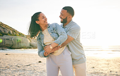 Buy stock photo Hug, beach and couple with love, marriage and quality time with happiness, summer holiday and adventure. Romance, happy man and woman embrace, seaside vacation and relationship with sunset and smile
