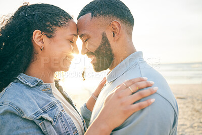 Buy stock photo Couple, forehead touch and hug, beach and ocean with travel, bonding and love, trust and marriage outdoor. Adventure, holiday and sunshine, man and woman with loyalty and life partner in nature