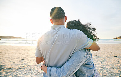 Buy stock photo Couple hug, back and beach, ocean and travel with bond and love, trust and marriage outdoor. Adventure, tropical holiday and view of sea waves, man and woman with loyalty and life partner in nature