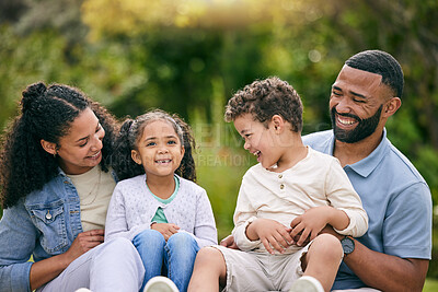 Buy stock photo Garden, happy family and children with parents for picnic, celebration and bond together in nature. Excited father, mother and kids with funny conversation at park for holiday or vacation with love