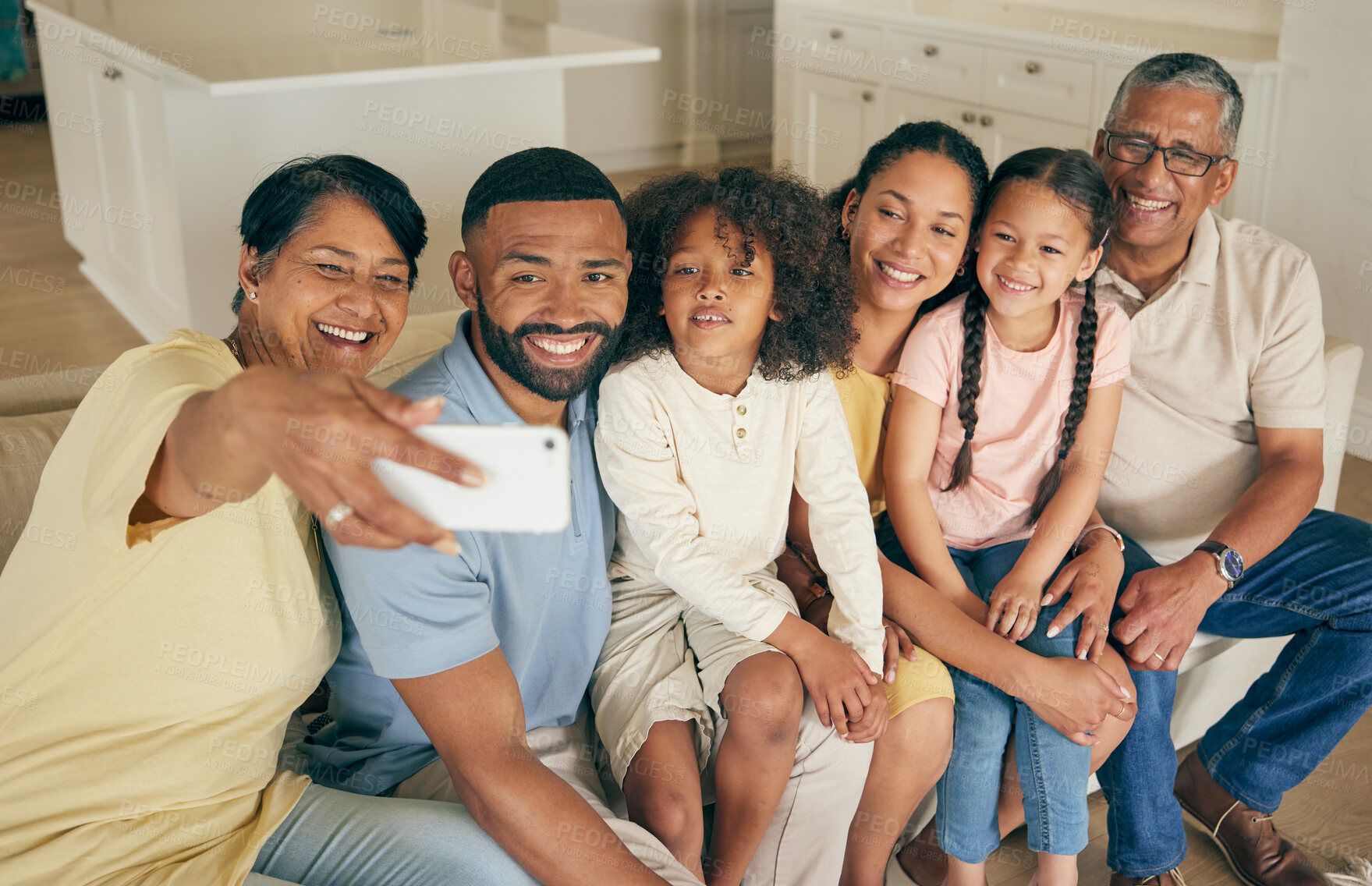 Buy stock photo Family selfie, grandparents and kids on sofa with social media or online memory for bond, love and happy home. Senior mom, dad and biracial children in living room for photography or profile picture