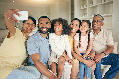 Buy stock photo Family selfie, grandparents and children on sofa with social media or online memory for bond, love and happy home. Senior mom, dad and biracial kids in living room for photography or profile picture