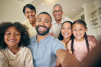 Buy stock photo Happy, portrait of big family and selfie in home, bonding together and love. Face, profile picture and kids, grandparents and mother, father and children smile taking photo for memory on social media