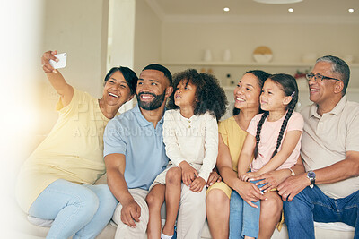 Buy stock photo Happy, big family and selfie in home living room, bonding together and relax. Smile, profile picture and kids, grandparents and mother, father and children taking photo for memory on social media