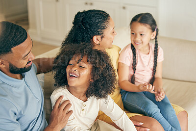 Buy stock photo Parents, children and smile on sofa of home for love, care and quality time together in living room. Mother, father and happy young kids relax on couch for bonding, support or freedom in family house