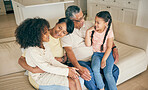 Grandparents, kids and family on sofa in home for love, care and fun quality time together. Grandmother, grandfather and happy young children relax on couch for bond, support and smile in living room